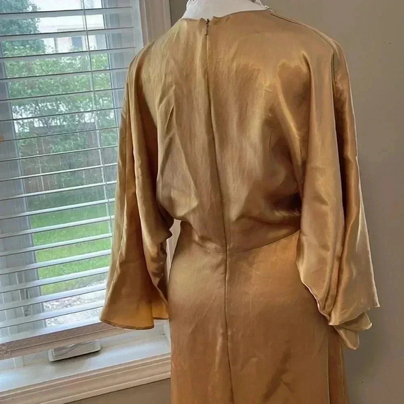 [XS]Zara Knotted V-Neck Satin Effect  Midi Dress in Gold Casual Elegant Women - Picture 8 of 16